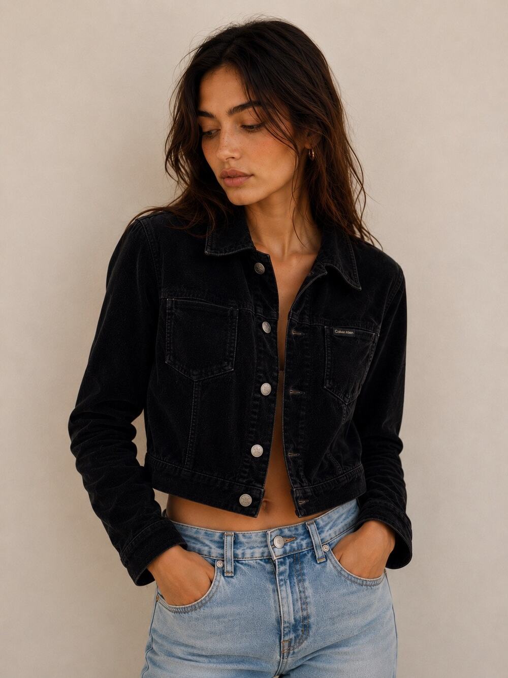 Vintage 90s Calvin Klein Jeans Black Velour Trucker Jacket Cropped Minimalist M
